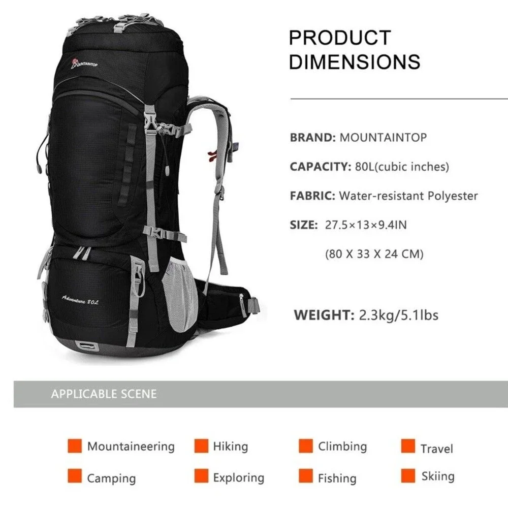 Mountaintop 80 L Internal Frame Hiking Backpack With Rain Cover